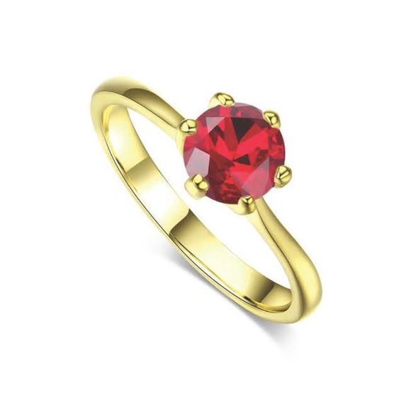Poppy Engagement Ring 1k CZ Solitaire - Ruby Red on Yellow Gold - Picture 2 of 11